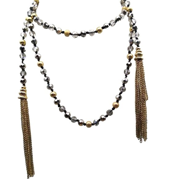 Vintage Glitzy Gray and Gold Lariat Necklace Chain, Open Ended with Gold Tone - Picture 1 of 3